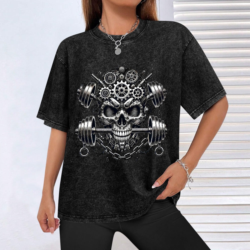 Camiseta vintage de manga corta con lavado caliente y hombros descubiertos