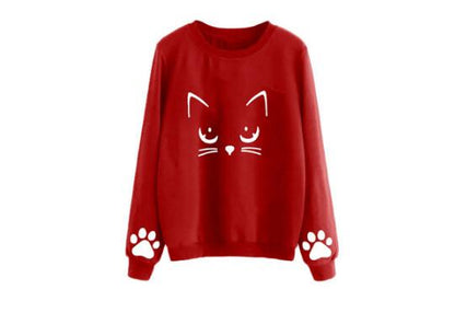 Sudadera cálida de manga larga con cuello redondo y estampado de gato para mujer