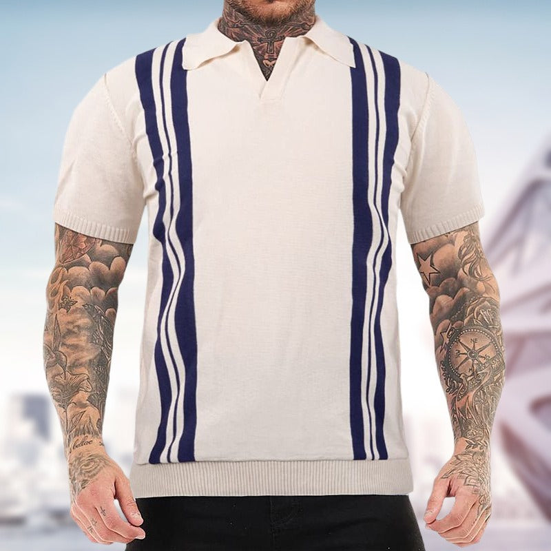 Suéter de punto de manga corta a rayas de verano, camisa polo informal con solapa y corte ajustado 