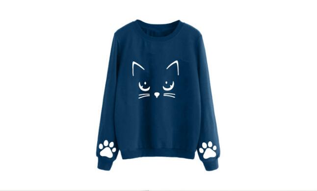 Sudadera cálida de manga larga con cuello redondo y estampado de gato para mujer