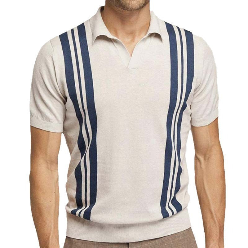 Suéter de punto de manga corta a rayas de verano, camisa polo informal con solapa y corte ajustado 