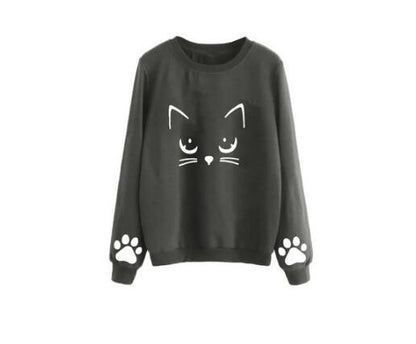 Sudadera cálida de manga larga con cuello redondo y estampado de gato para mujer