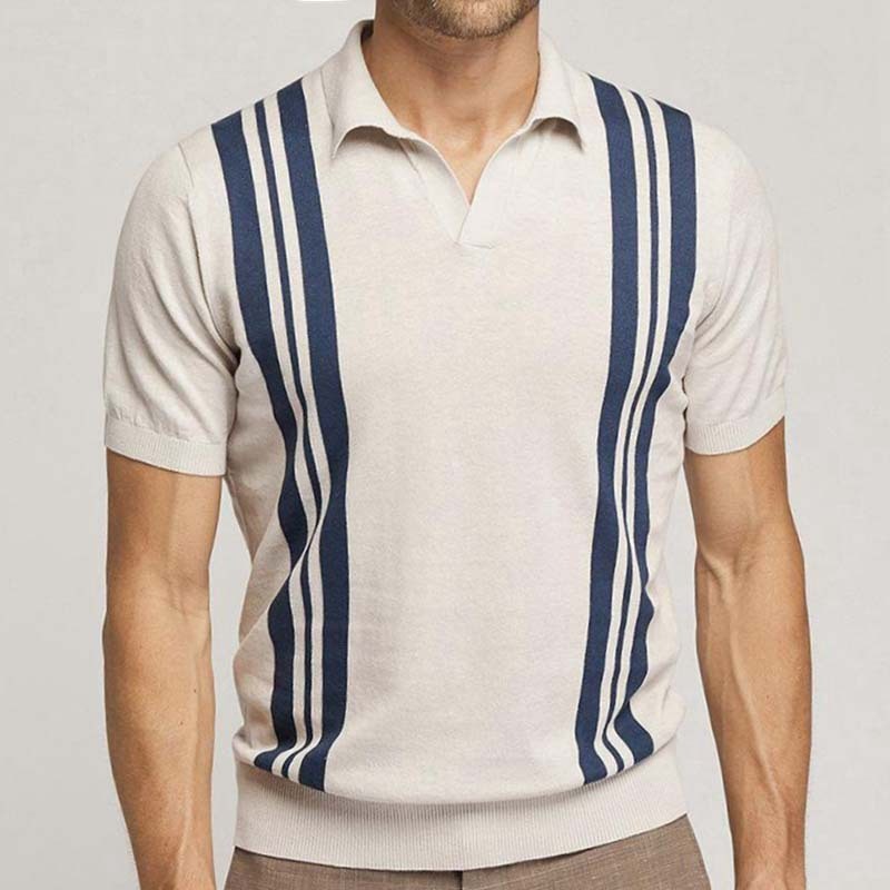 Suéter de punto de manga corta a rayas de verano, camisa polo informal con solapa y corte ajustado 