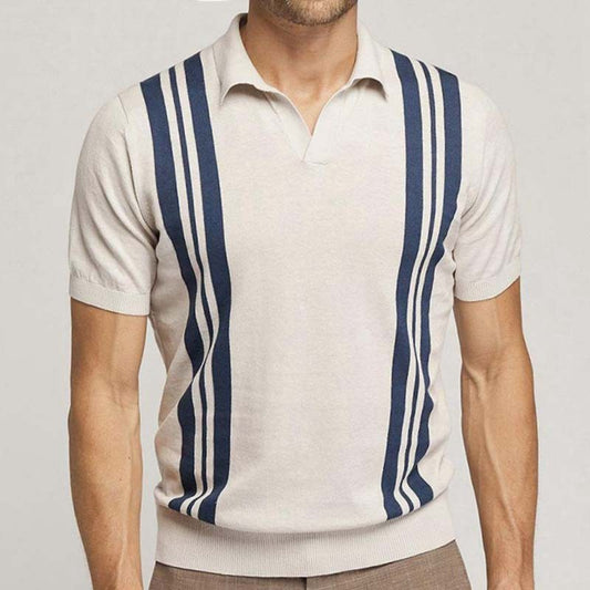 Suéter de punto de manga corta a rayas de verano, camisa polo informal con solapa y corte ajustado 