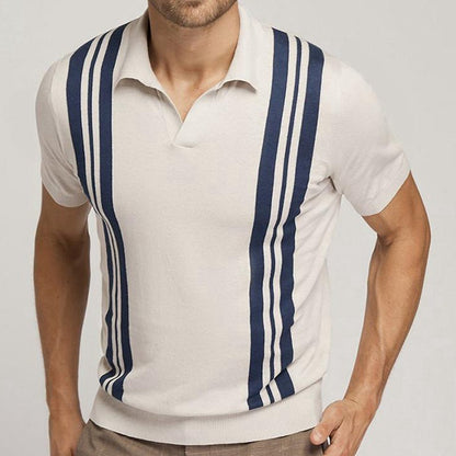 Suéter de punto de manga corta a rayas de verano, camisa polo informal con solapa y corte ajustado 